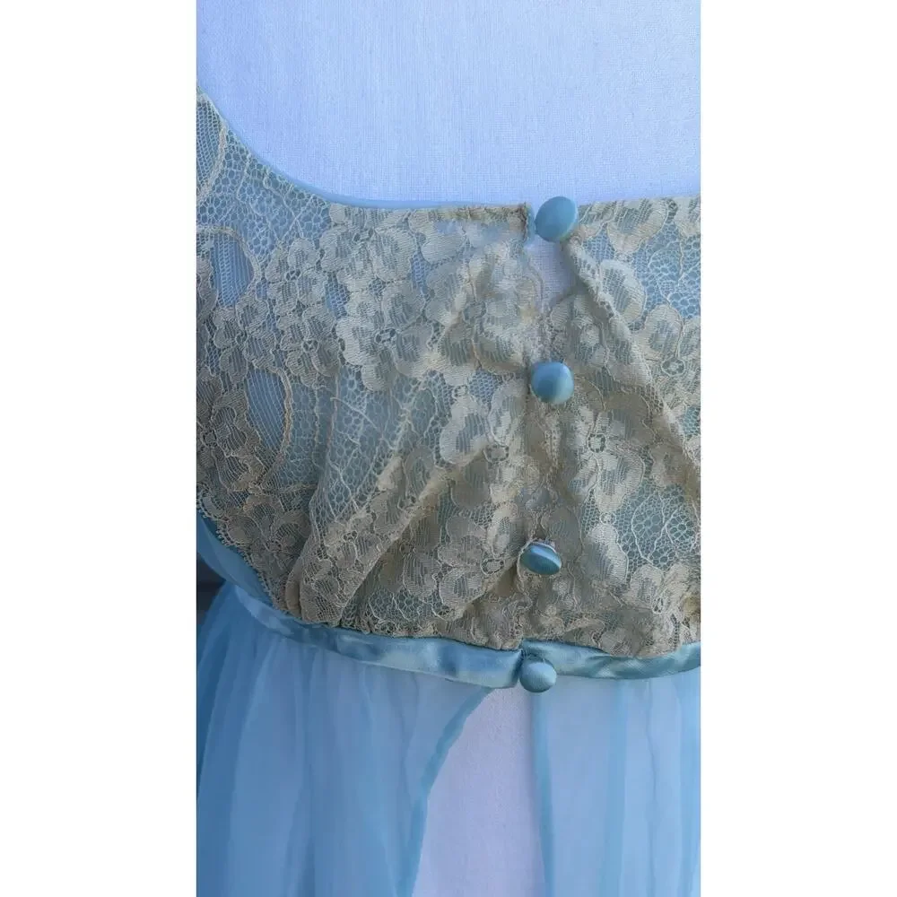 Vintage 1960s Blue Nylon Peignoir Robe With Chantilly Lace Juliette Style
